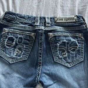 Rock Revival Stacey Boot Jeans Size 29 Distressed Thick Stitch Medium Wash